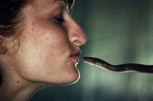 Woman is kissing a snake